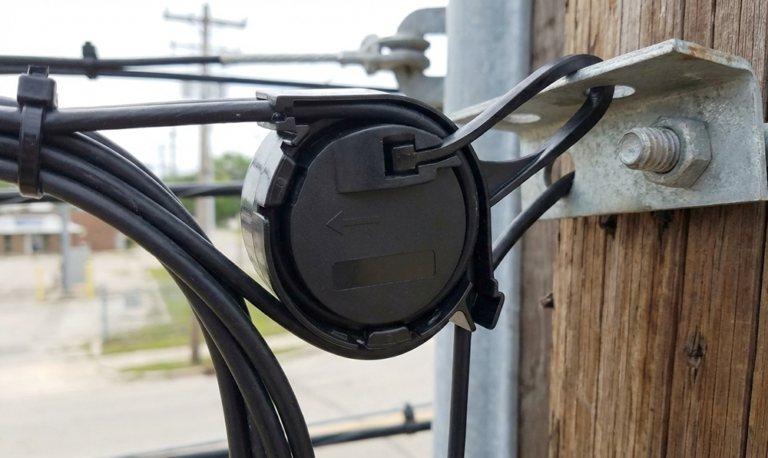 A black plastic Drop Mandrel Clamp mounted on a utility pole bracket, securing telecommunication fiber optic drop cables
