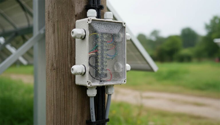 A durable Waterproof Junction Box mounted on a wooden pole in a rainy outdoor solar farm setting, featuring secure cable glands and a transparent protective cover