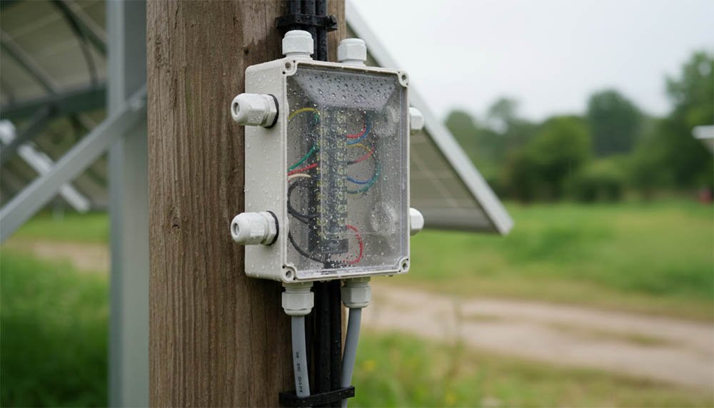 A durable Waterproof Junction Box mounted on a wooden pole in a rainy outdoor solar farm setting, featuring secure cable glands and a transparent protective cover