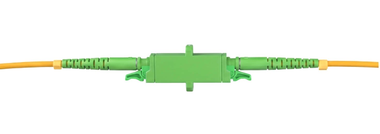 E2000 Fiber Optic Adapter with APC green connectors linked to yellow fiber cables.