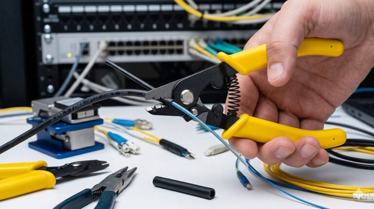 A professional using a 3 Ports Fiber Stripper to strip a fiber optic cable in a technical workspace