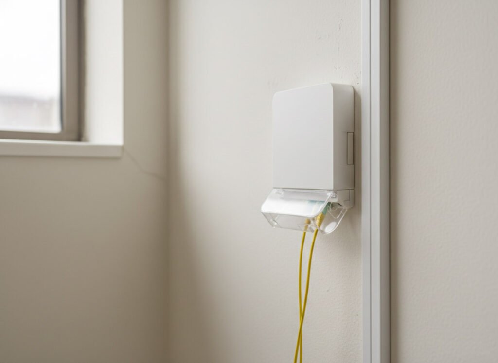 A white Fiber Optic Faceplate mounted on a wall with yellow fiber optic cables connected