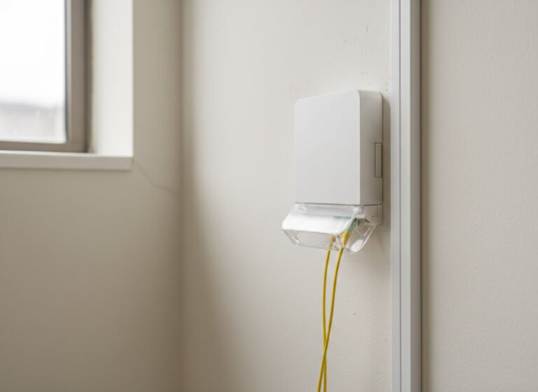 A white Fiber Optic Faceplate mounted on a wall with yellow fiber optic cables connected