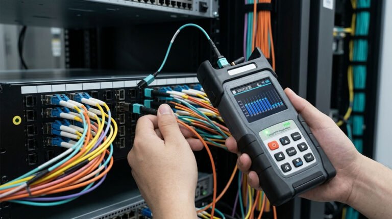 MPO/MTP Optical Power Meter testing high-density fiber connections in a data center