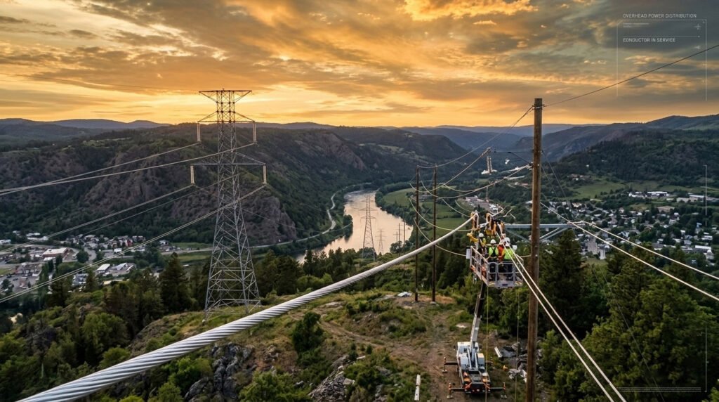 an AAC Conductor installed on overhead power lines within a rural distribution network during sunset