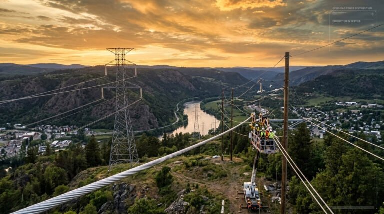 an AAC Conductor installed on overhead power lines within a rural distribution network during sunset