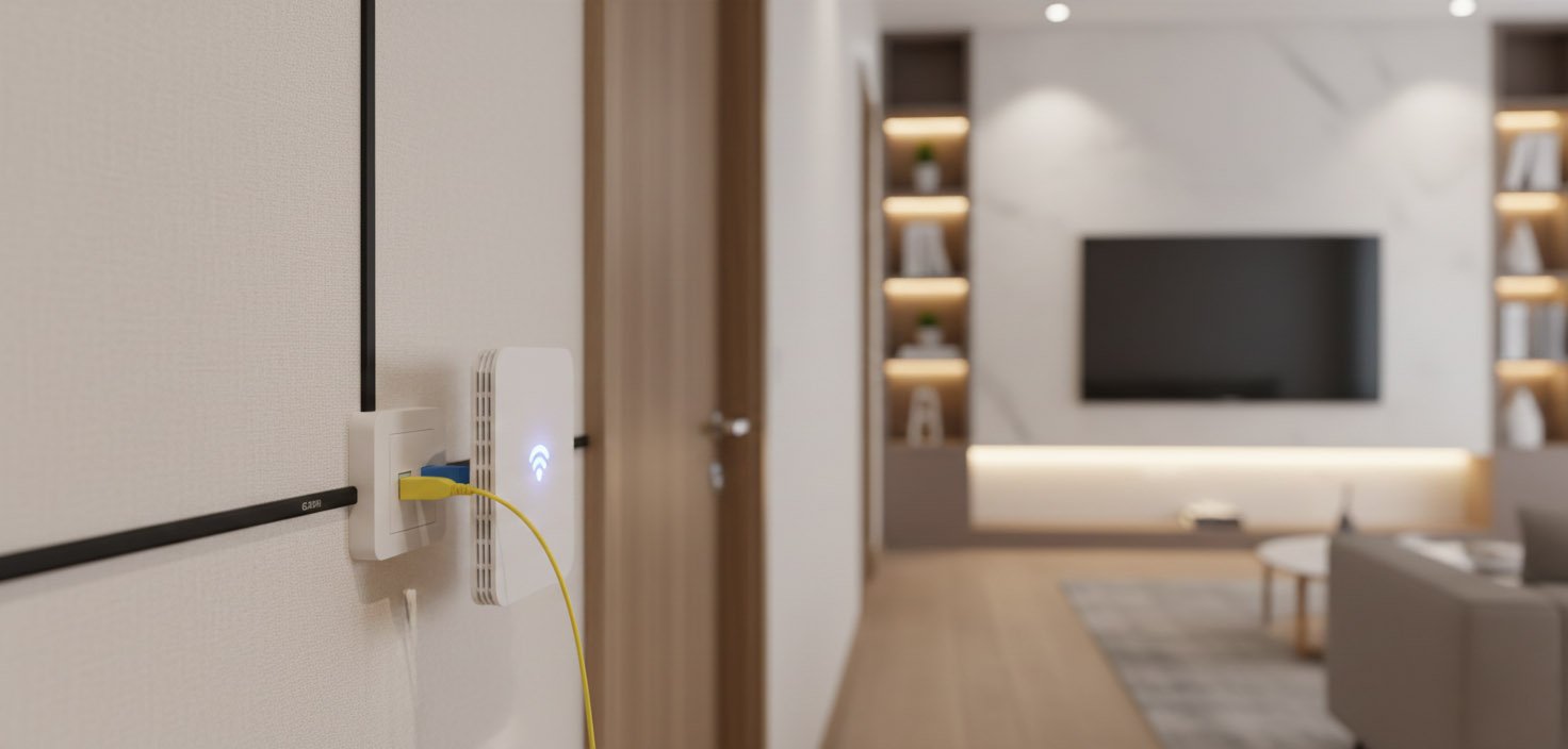 Professional installation of GJXFH Drop Cable in a modern living room connecting to a wall-mounted fiber optic faceplate and Wi-Fi router.