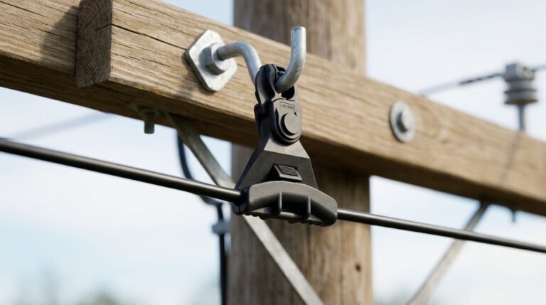 a black plastic suspension clamp in use, hanging from a metal hook attached to a wooden cross-arm of a utility pole