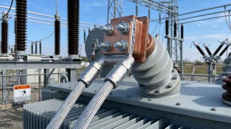 an SSY Terminal Clamp connecting heavy-duty cables to a high-voltage transformer bushing in an electrical substation