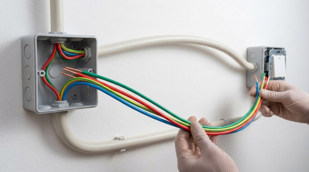 exposed copper cores and insulation layers of four BV Wire specimens red, green-yellow, and blue