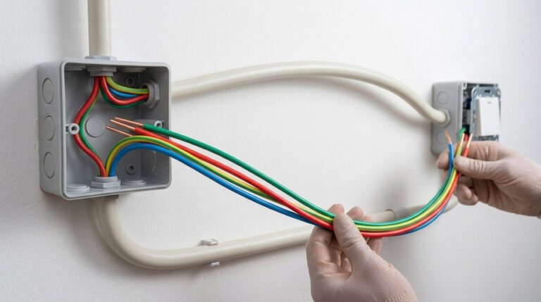 exposed copper cores and insulation layers of four BV Wire specimens red, green-yellow, and blue