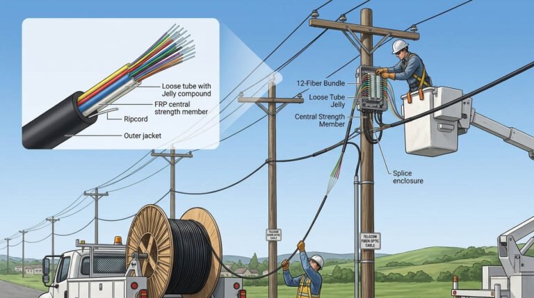 features and application of GYFFY Fiber Optic Cable, including a cable cross-section diagram and technicians installing the aerial cable from a truck