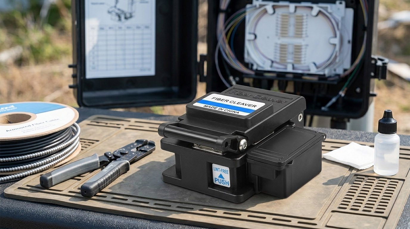 A High Precision Fiber Cleaver is placed on a work mat at an outdoor fiber optic installation site.