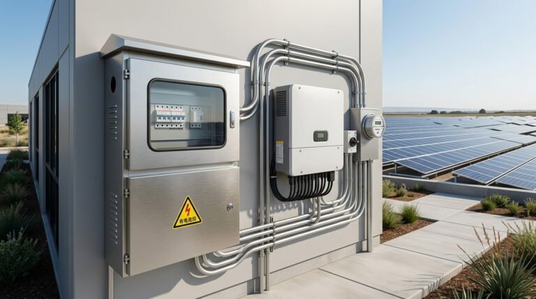 A sleek Grid-Connected Distribution Box installed on an industrial building wall alongside a solar inverter and large PV array
