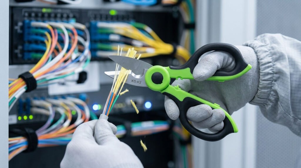 A technician uses a Fiber Optic Kevlar Cutter with neon green handles to trim yellow Kevlar strength members from a fiber cable in a server room