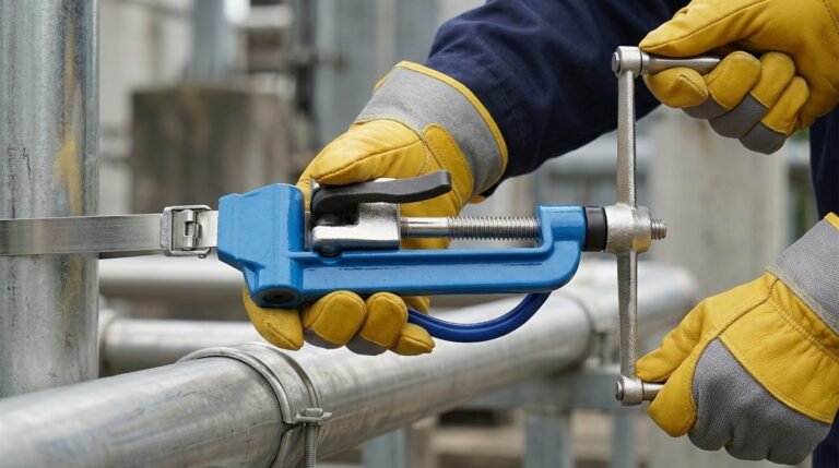 A worker wearing protective yellow gloves holds and operates a blue manual Strapping Tightener tool to tension a steel band around an industrial pipework system