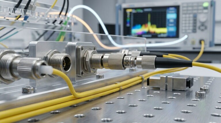 A yellow fiber optic cable with a black FCUPC boot connected to a silver FC Optical Attenuator on a professional laboratory test bench