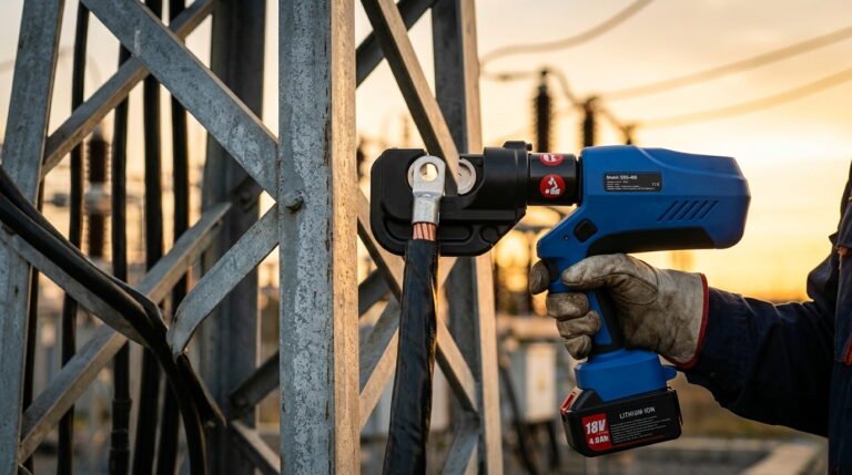 An electrician using a Battery Powered Hydraulic Crimper to secure a heavy-duty lug onto a thick power cable at an outdoor utility site during sunset