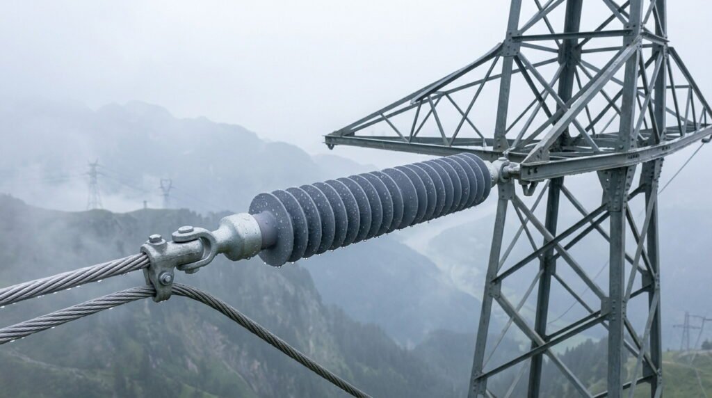 Photorealistic Composite Insulator with water droplets on grey silicone sheds installed on a high-voltage transmission tower