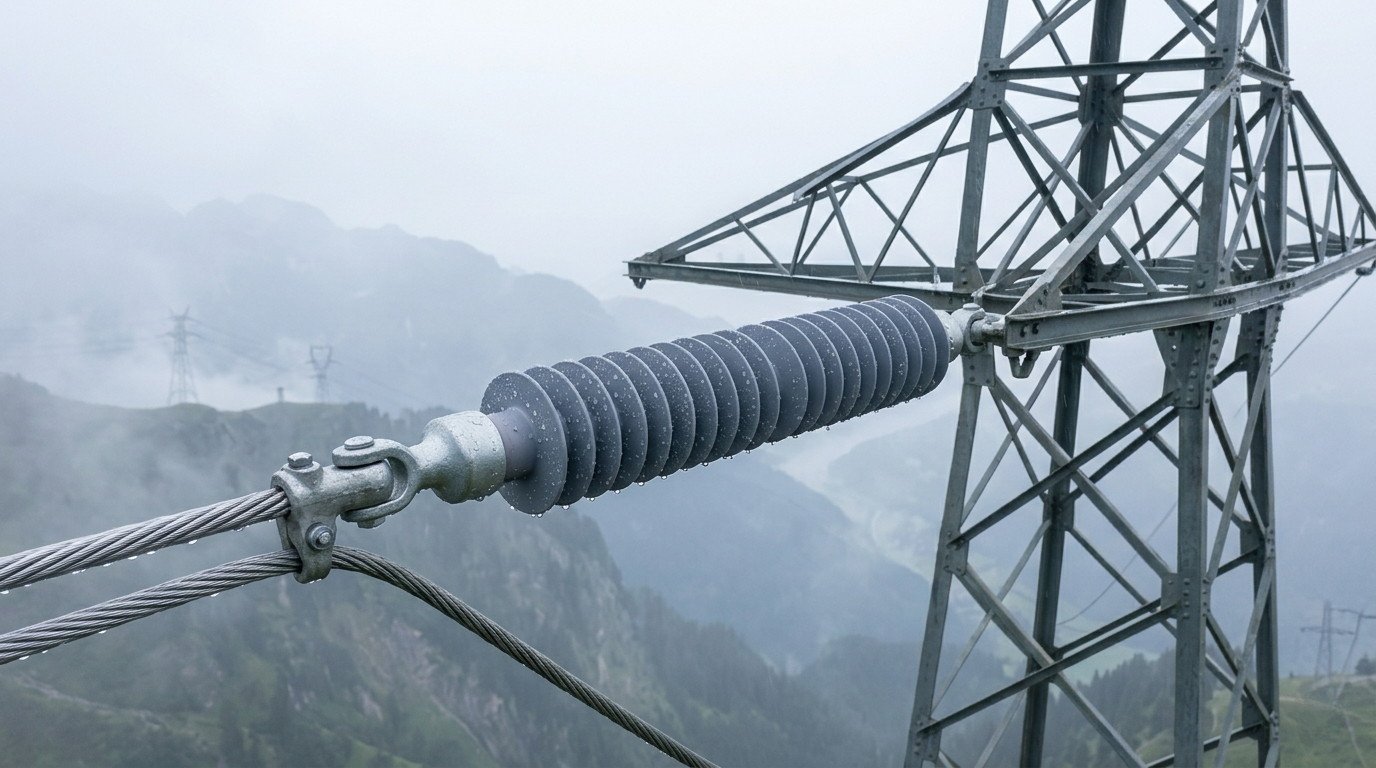 Photorealistic Composite Insulator with water droplets on grey silicone sheds installed on a high-voltage transmission tower
