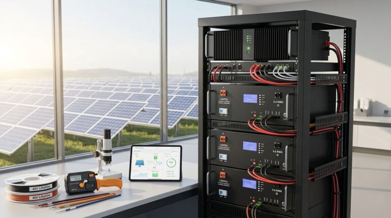 Professional solar energy control room featuring a rack mounted battery storage system integrated with an on-grid inverter and photovoltaic monitoring tools.