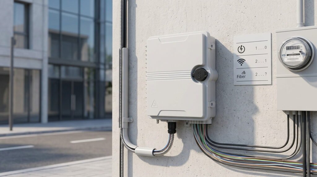 a 12 Cores Terminal Box mounted on an outdoor concrete wall, connected with extensive wiring and located next to utility meters