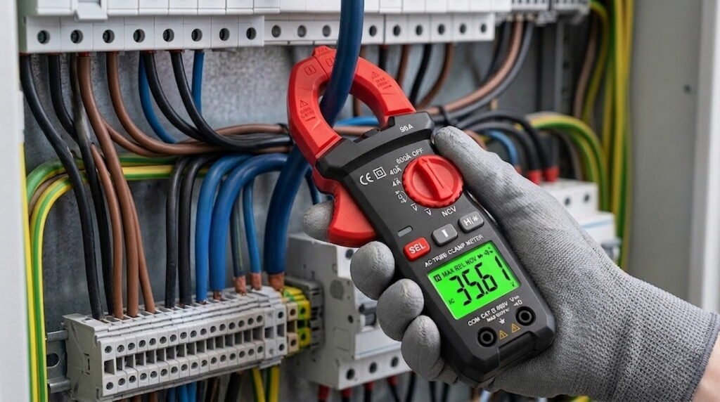 a gloved hand holding a black and red digital clamp meter with a bright green backlit screen displayi