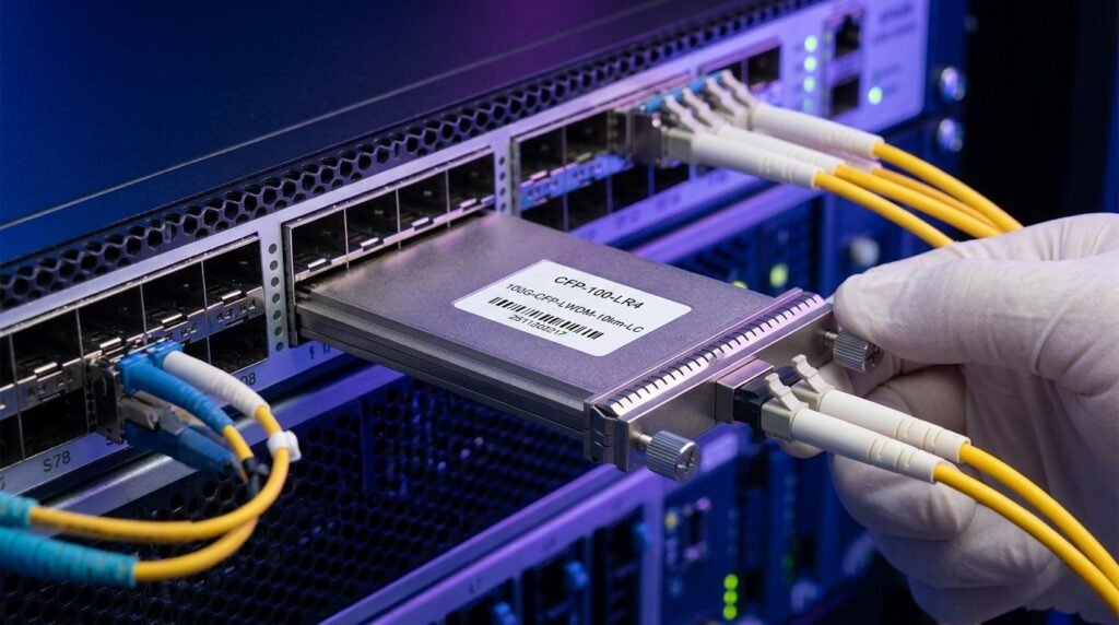 a hand in a white glove inserting a CFP Optical Transceiver into a network switch port within a data center rack