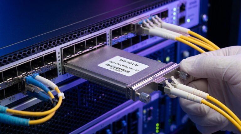 a hand in a white glove inserting a CFP Optical Transceiver into a network switch port within a data center rack