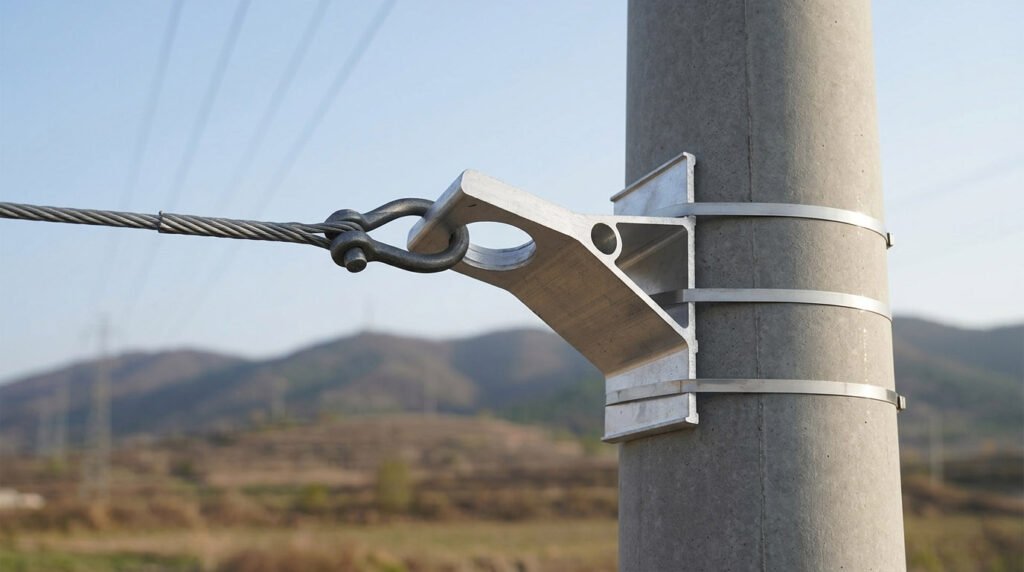 a metal CA1200 Pole Bracket strapped to a concrete power pole, with a steel cable and shackle tensioned through its large eyelet