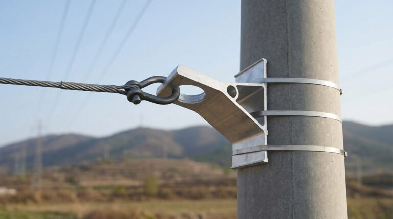a metal CA1200 Pole Bracket strapped to a concrete power pole, with a steel cable and shackle tensioned through its large eyelet