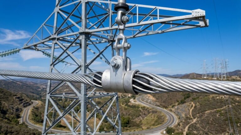 an AGS Suspension Clamp in a utility application, suspending an electric power transmission cable from a pylon over a winding mountain highway