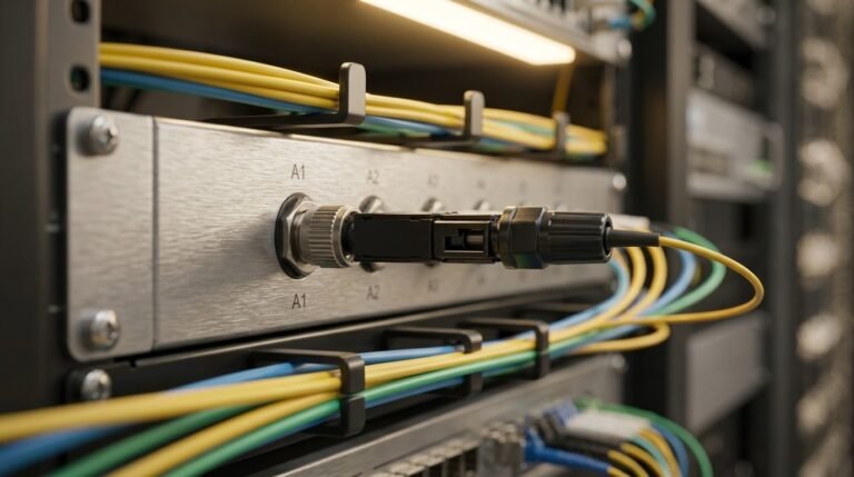 an FC Fast Connector installed in a network rack patch panel