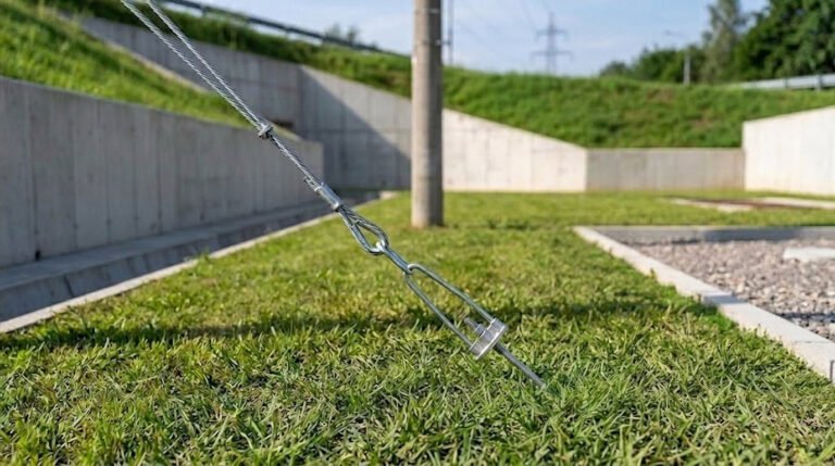 A Bow Stay Rod Assembly installed in a grassy outdoor area, securing a tension wire connected to utility infrastructure.