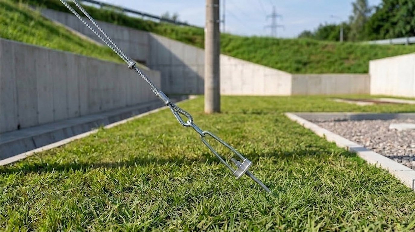 A Bow Stay Rod Assembly installed in a grassy outdoor area, securing a tension wire connected to utility infrastructure.