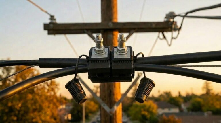A JBC Insulation Piercing Connector installed on overhead power lines, featuring metal tightening bolts and protective end caps.