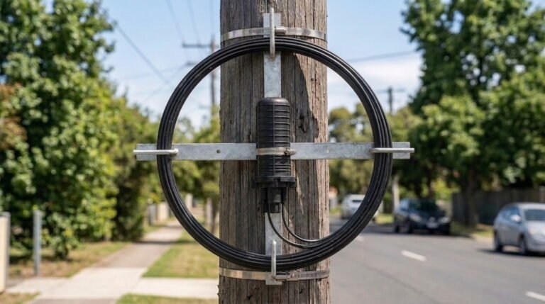 A black fiber optic cable coil is organized on a metal Cable Storage Rack that is mounted to a wooden utility pole