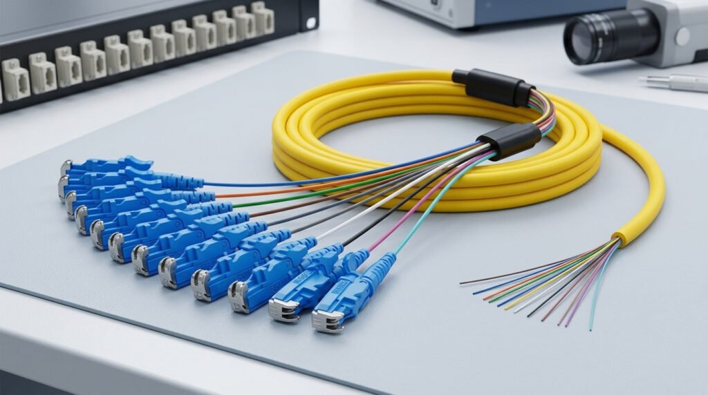 A technical workbench displaying a 12C E2000 Fan-out Pigtail with blue connectors and color-coded fibers