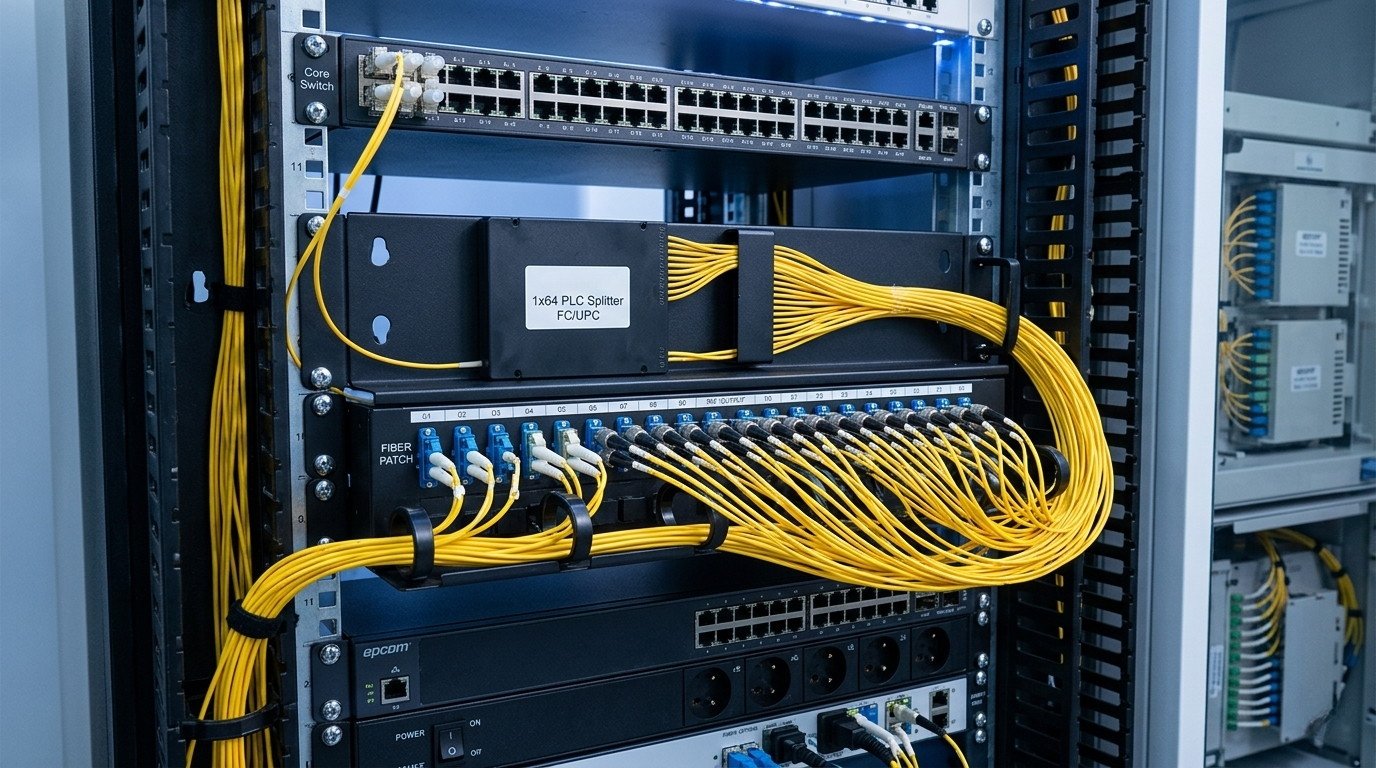 An ABS Box PLC Splitter is professionally installed in a telecommunications data center rack, with its fiber optic cables neatly routed to a patch panel for efficient signal distribution