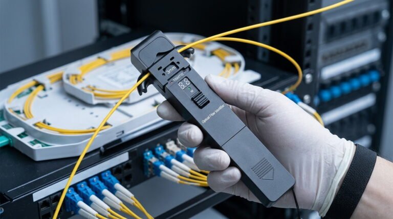 A professional technician using a Fiber Cable Identifier to detect signals on a yellow fiber optic patch cord within a high-density data center server rack