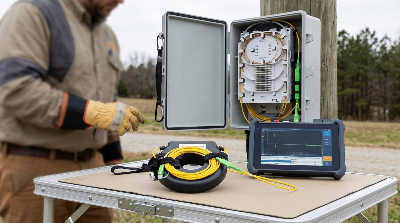 An OTDR Launch Cable Ring connected to a portable OTDR tester during a field fiber optic splice box certification.