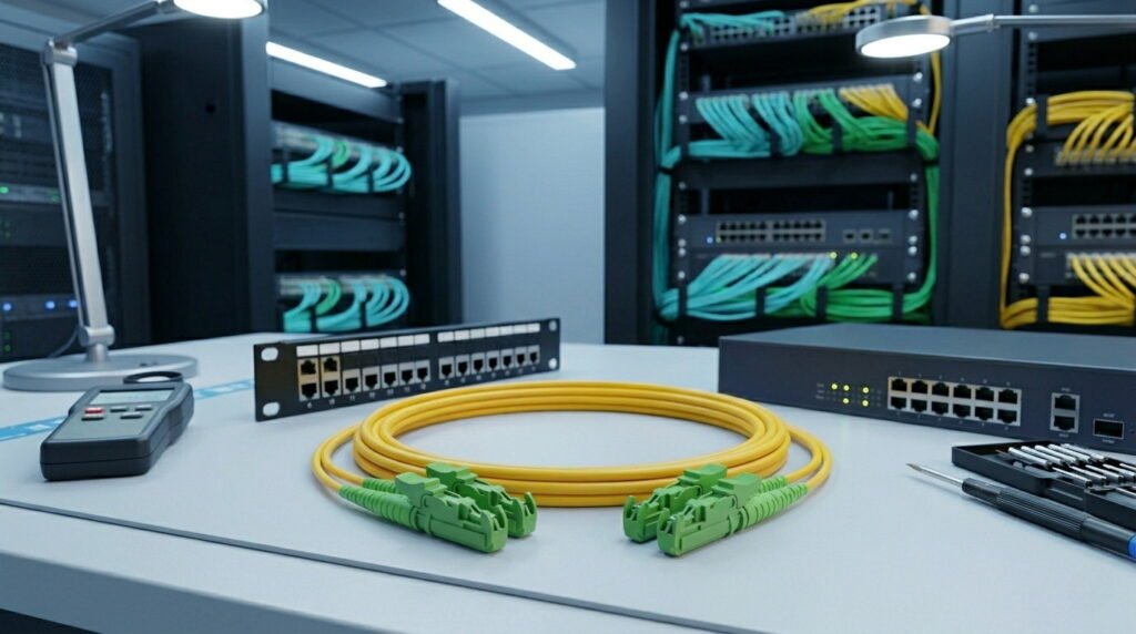 Coiled yellow duplex E2000 fiber optic patch cord with green connectors on a server room workbench.
