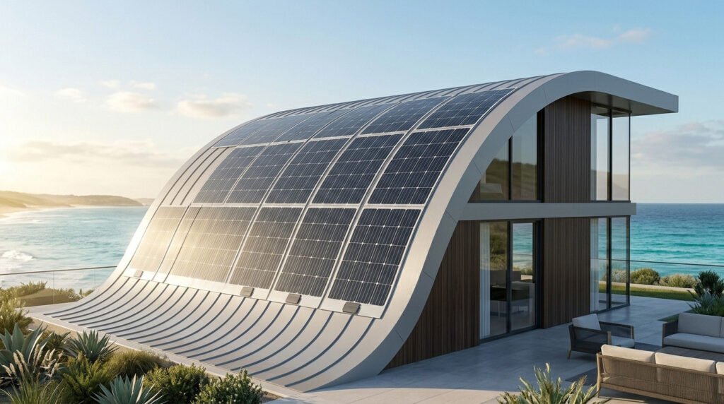 Flexible Film Solar Panels seamlessly installed on the curved roof of a modern seaside luxury villa, capturing sunlight under a clear sky.