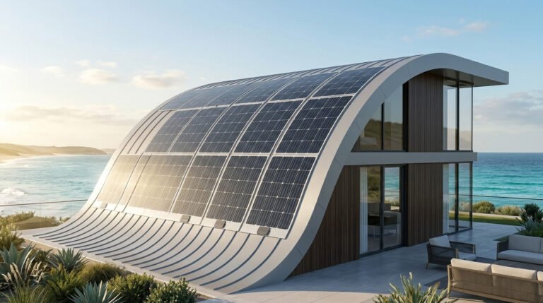 Flexible Film Solar Panels seamlessly installed on the curved roof of a modern seaside luxury villa, capturing sunlight under a clear sky.