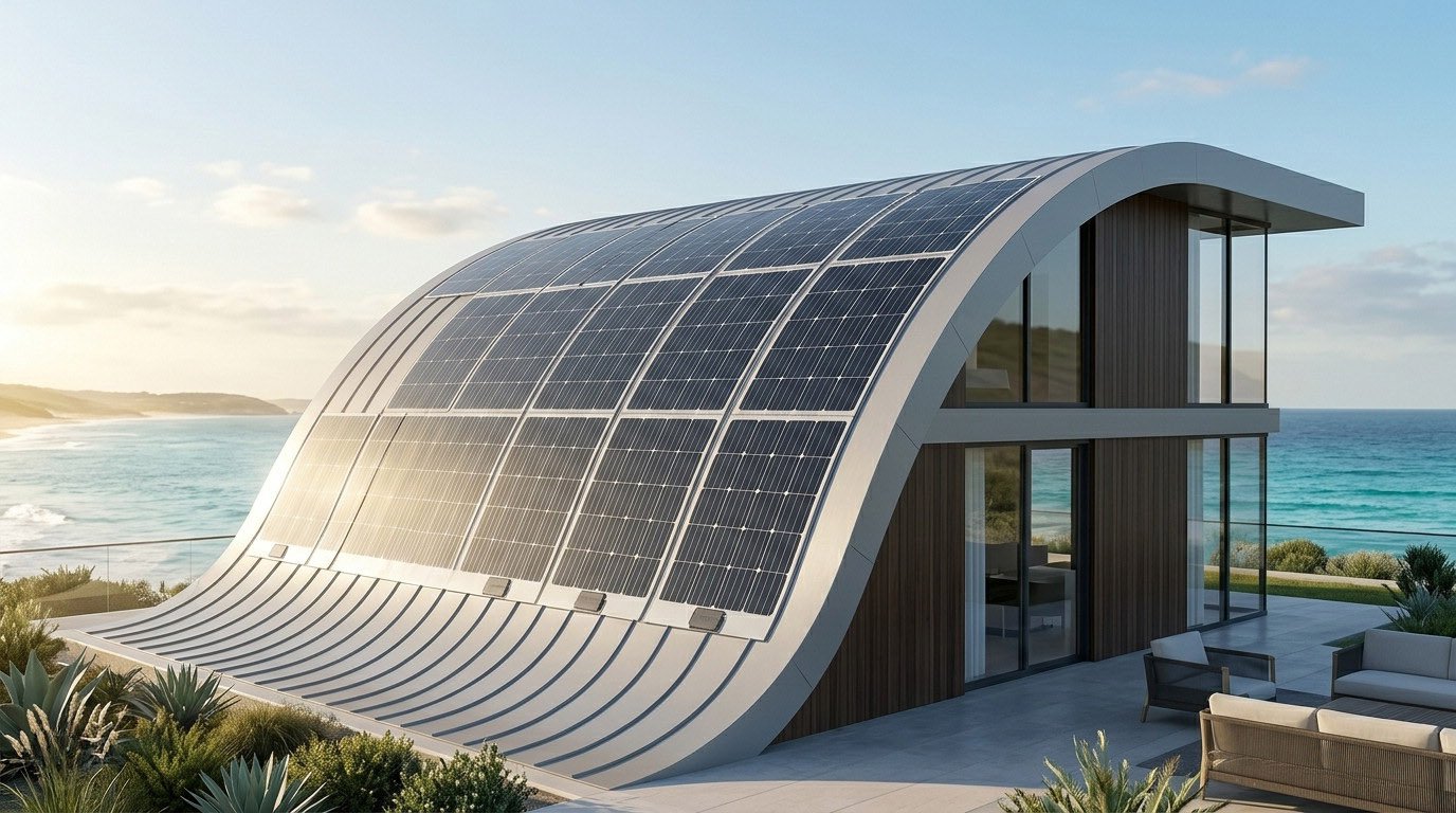 Flexible Film Solar Panels seamlessly installed on the curved roof of a modern seaside luxury villa, capturing sunlight under a clear sky.