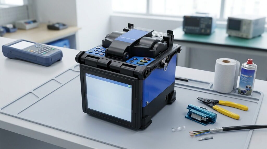 High Precision Fusion Splicer on a professional laboratory workbench with fiber optic tools