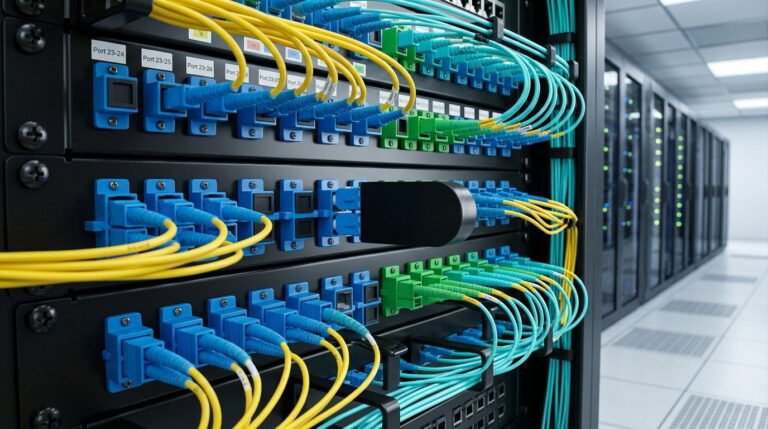 SC Optical Loopback module plugged into a fiber patch panel in a data center.