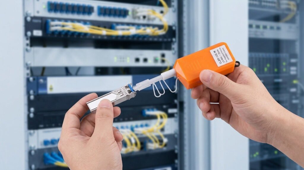 Technician using a 1.25mm Mini Fiber Cleaner to clean an LC transceiver module in a data center.