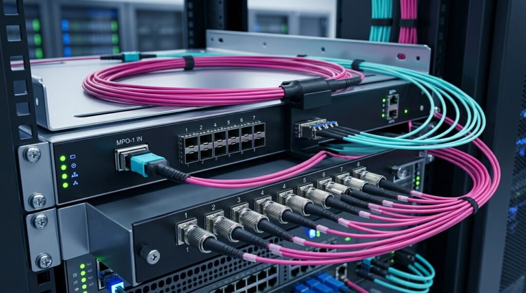 pink MPO/MTP Breakout Cables installed in a server rack, demonstrating high-density fiber optic connectivity with MPO and FC interfaces