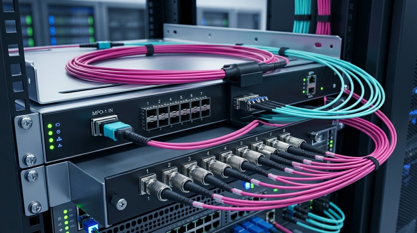 pink MPO/MTP Breakout Cables installed in a server rack, demonstrating high-density fiber optic connectivity with MPO and FC interfaces